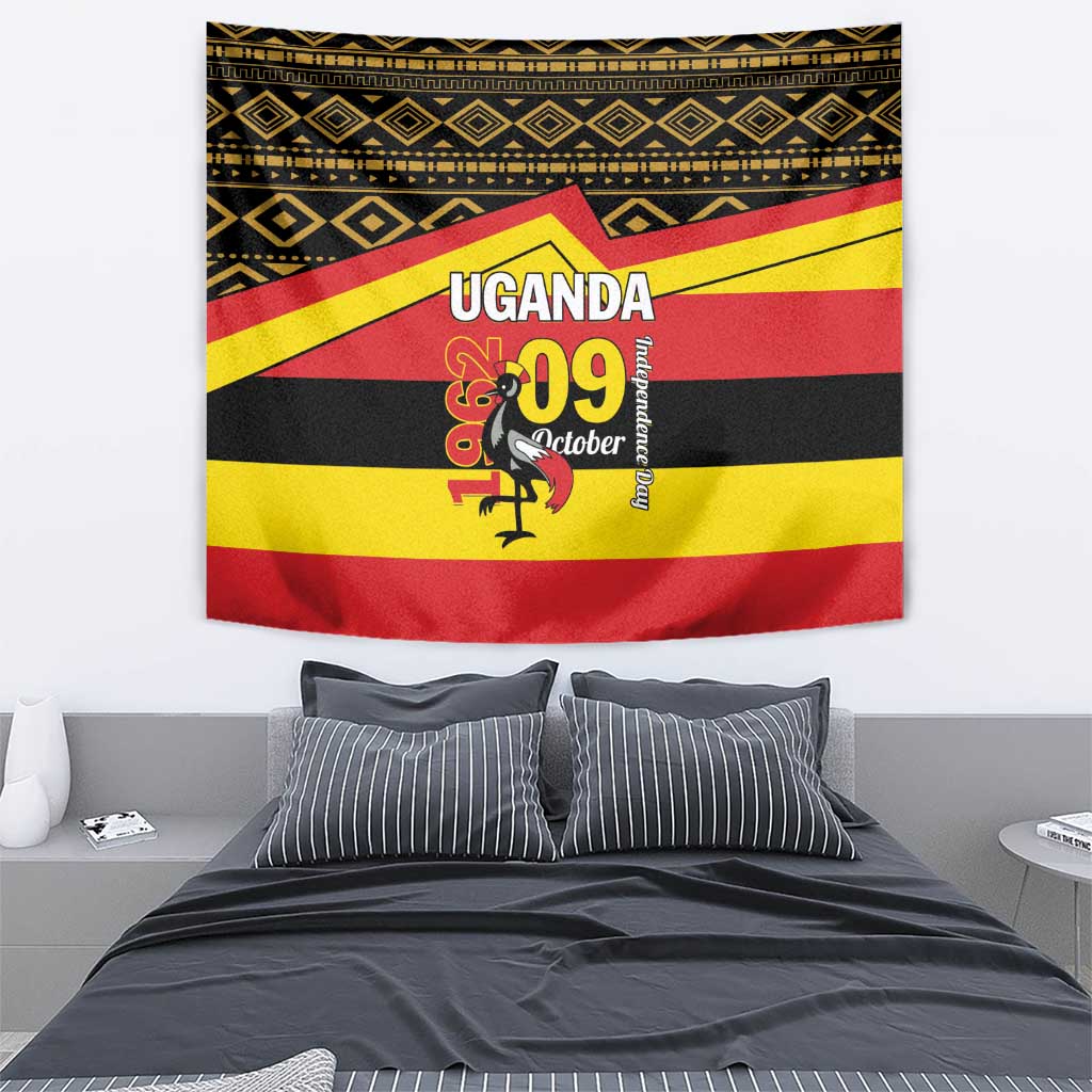 Uganda independence day wall tapestry with “UGANDA 09 October” text and rooster emblem