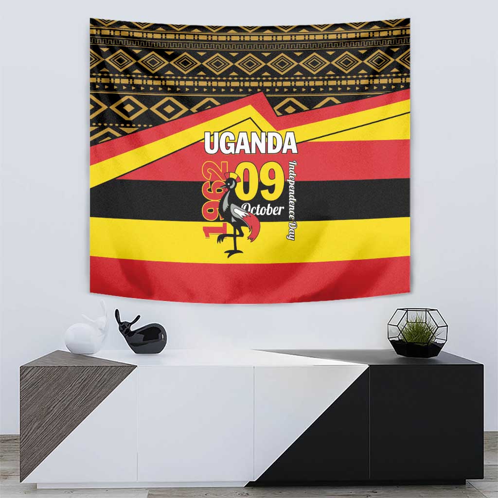 Uganda independence day tapestry featuring bold stripes, African patterns, and rooster “09 October”