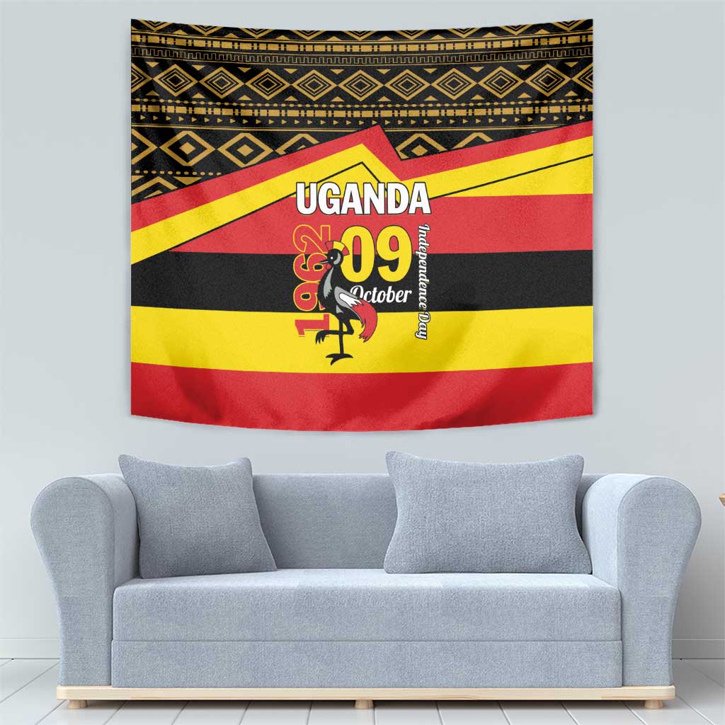 Uganda independence day rectangular tapestry with “UGANDA” and “09 October” over stripe pattern