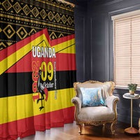Uganda-themed window curtain with black, yellow, and red geometric stripe design