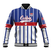 Personalized Cuba baseball jacket, blue and white vertical stripes, red trim, button front