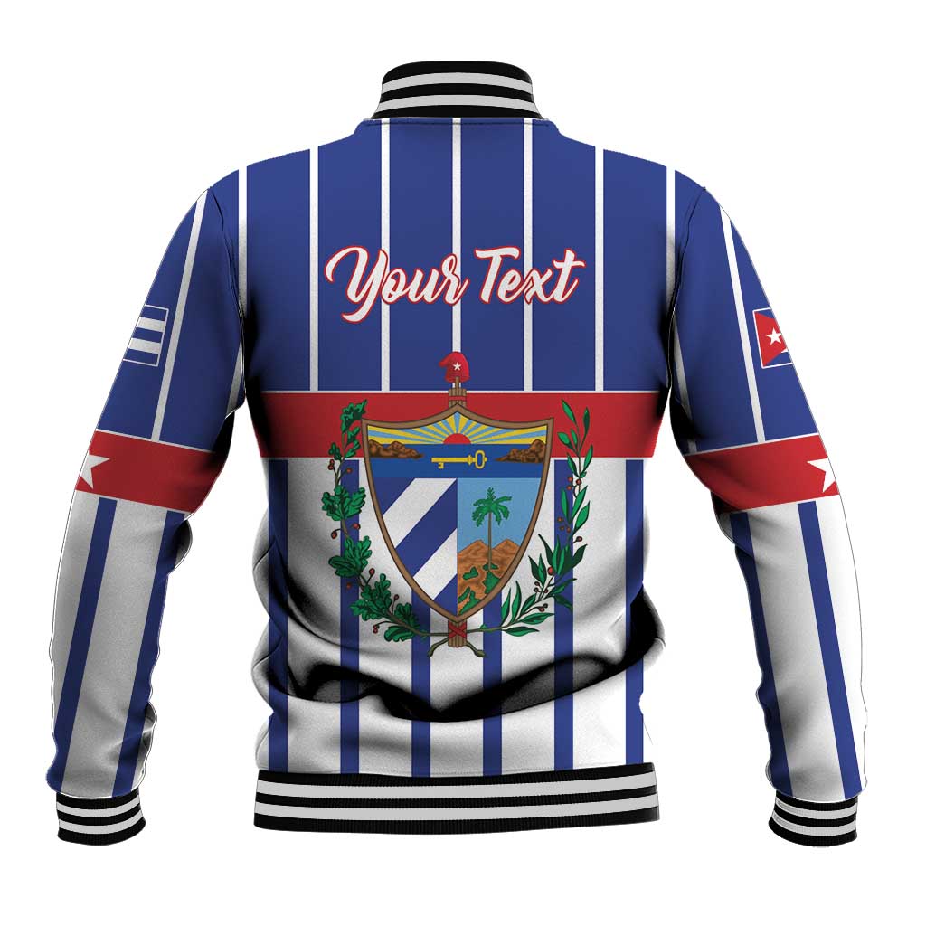 Personalized baseball jacket back, blue striped fabric, red band, crest and your text