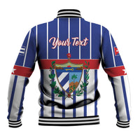 Personalized baseball jacket back, blue striped fabric, red band, crest and your text