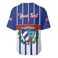 Personalized back baseball jersey, blue-and-white vertical stripes, 'Your Text' and crest