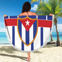 Cuba beach round blanket with blue/white/red stripes, shield emblem, and tassel fringe