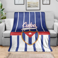 Cuba-themed blanket with blue-and-white vertical stripes, red band, shield emblem