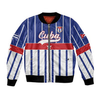 Blue striped bomber jacket with front zip, Cuba crest graphic, and sleeve flag patch