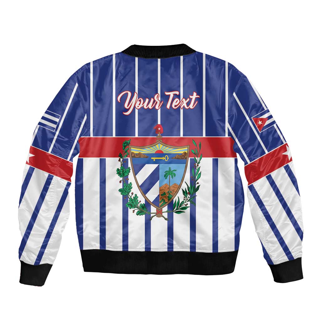 Blue striped bomber jacket with ribbed cuffs and red "Your Text" graphic on back