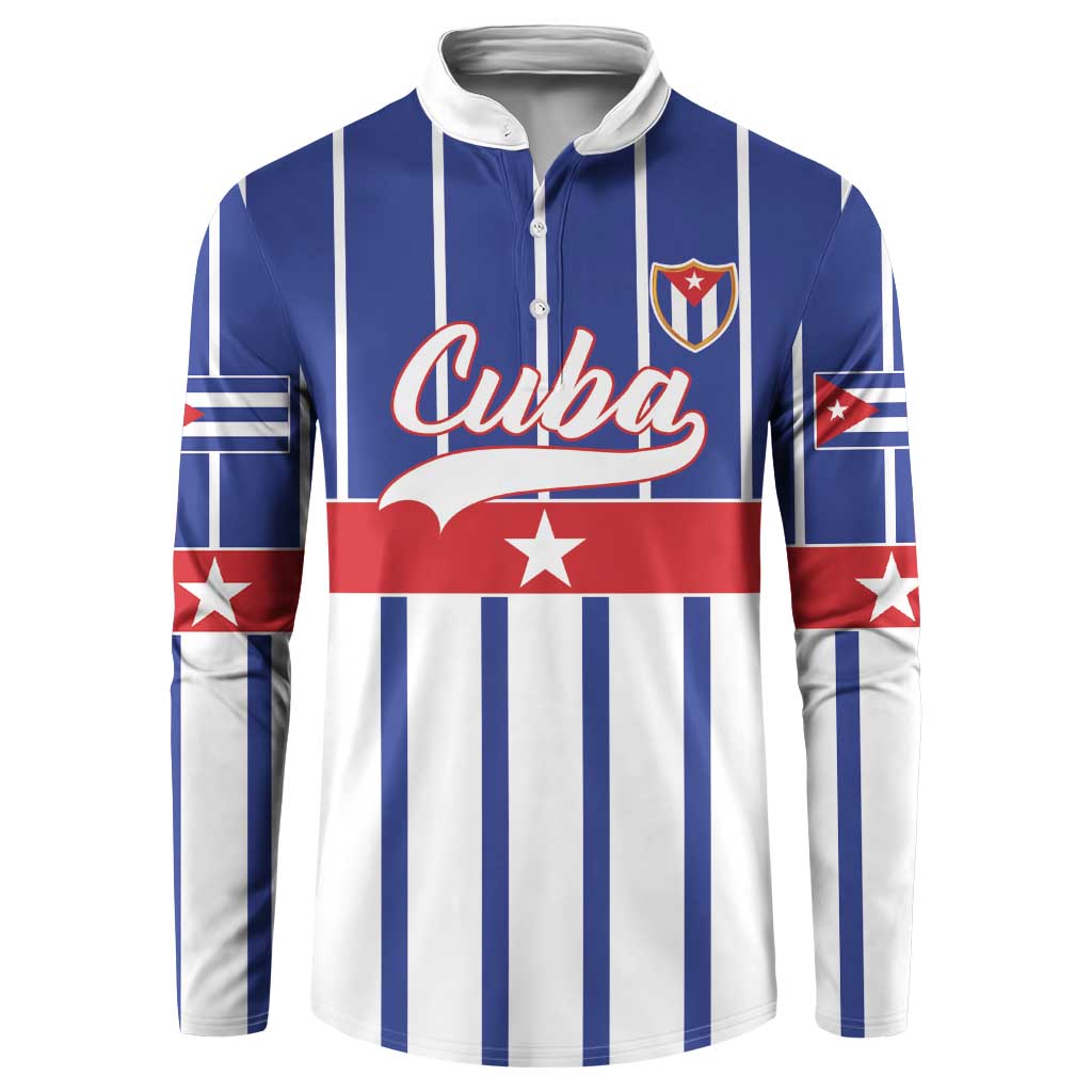 Blue and white striped button sweatshirt with Cuba front graphic and stand collar