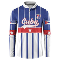 Blue and white striped button sweatshirt with Cuba front graphic and stand collar