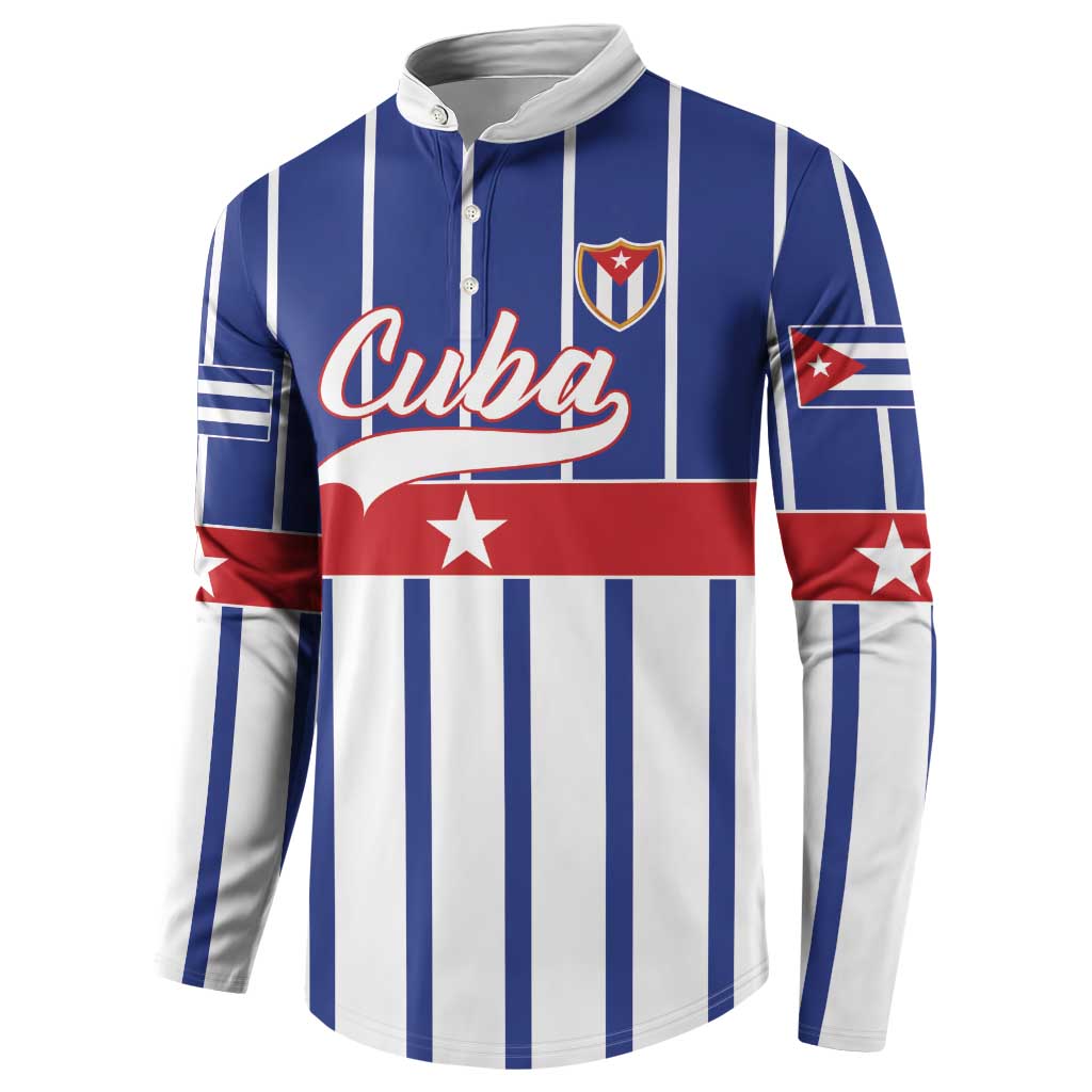 Blue and white striped button sweatshirt with Cuba front graphic and sleeve flag print