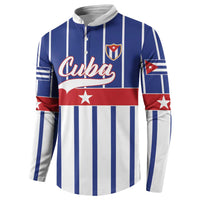 Blue and white striped button sweatshirt with Cuba front graphic and sleeve flag print