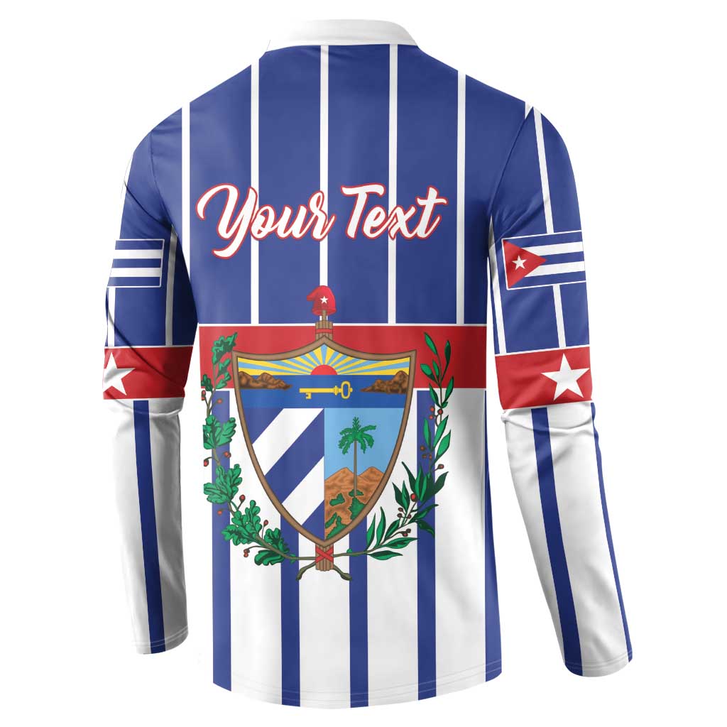 Blue and white striped button sweatshirt with 'Your Text' on back and Cuba crest design