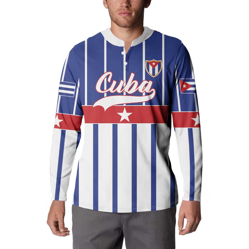 Blue and white striped button sweatshirt with Cuba logo on chest and flag sleeve stars