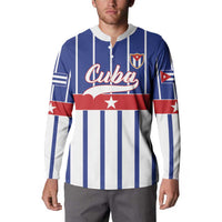 Blue and white striped button sweatshirt with Cuba logo on chest and flag sleeve stars
