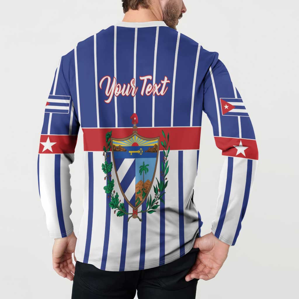 Blue and white striped button sweatshirt with 'Your Text' and crest graphic on back