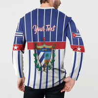 Blue and white striped button sweatshirt with 'Your Text' and crest graphic on back