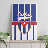 Blue striped Cuba canvas wall art with centered shield and red star emblem