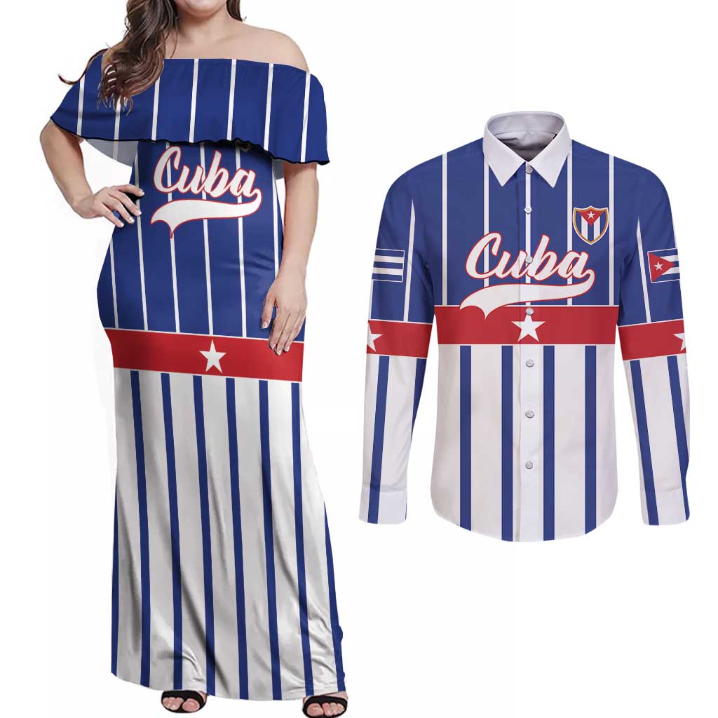 Personalized Cuba Couples Matching Off Shoulder Maxi Dress and Long Sleeve Button Shirt Simple Sporty Style - Wonder Print Shop