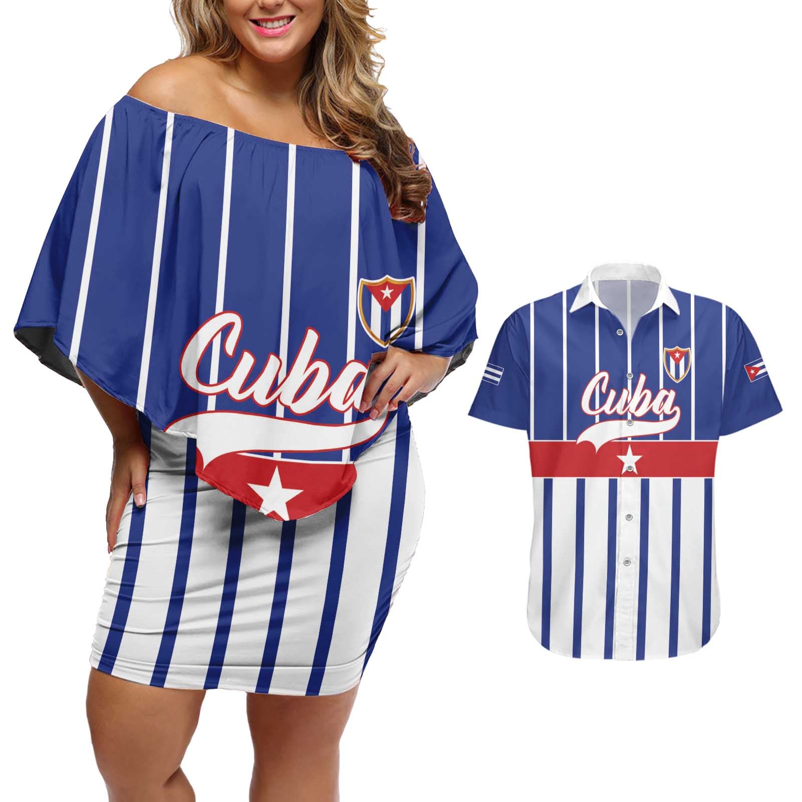 Personalized Cuba Couples Matching Off Shoulder Short Dress and Hawaiian Shirt Simple Sporty Style - Wonder Print Shop