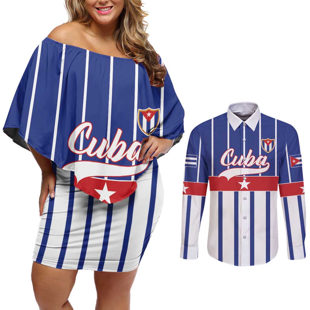 Personalized Cuba Couples Matching Off Shoulder Short Dress and Long Sleeve Button Shirt Simple Sporty Style - Wonder Print Shop