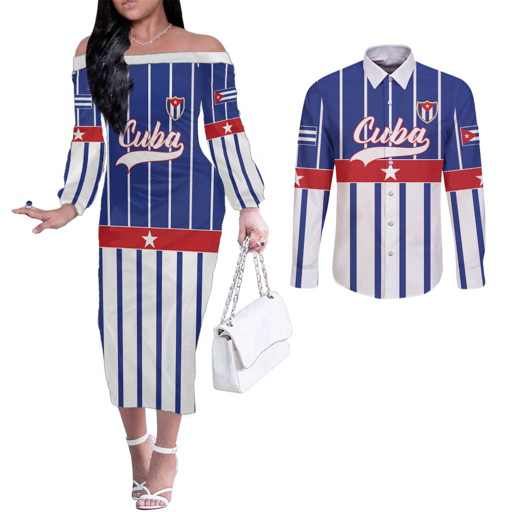 Personalized Cuba Couples Matching Off The Shoulder Long Sleeve Dress and Long Sleeve Button Shirt Simple Sporty Style