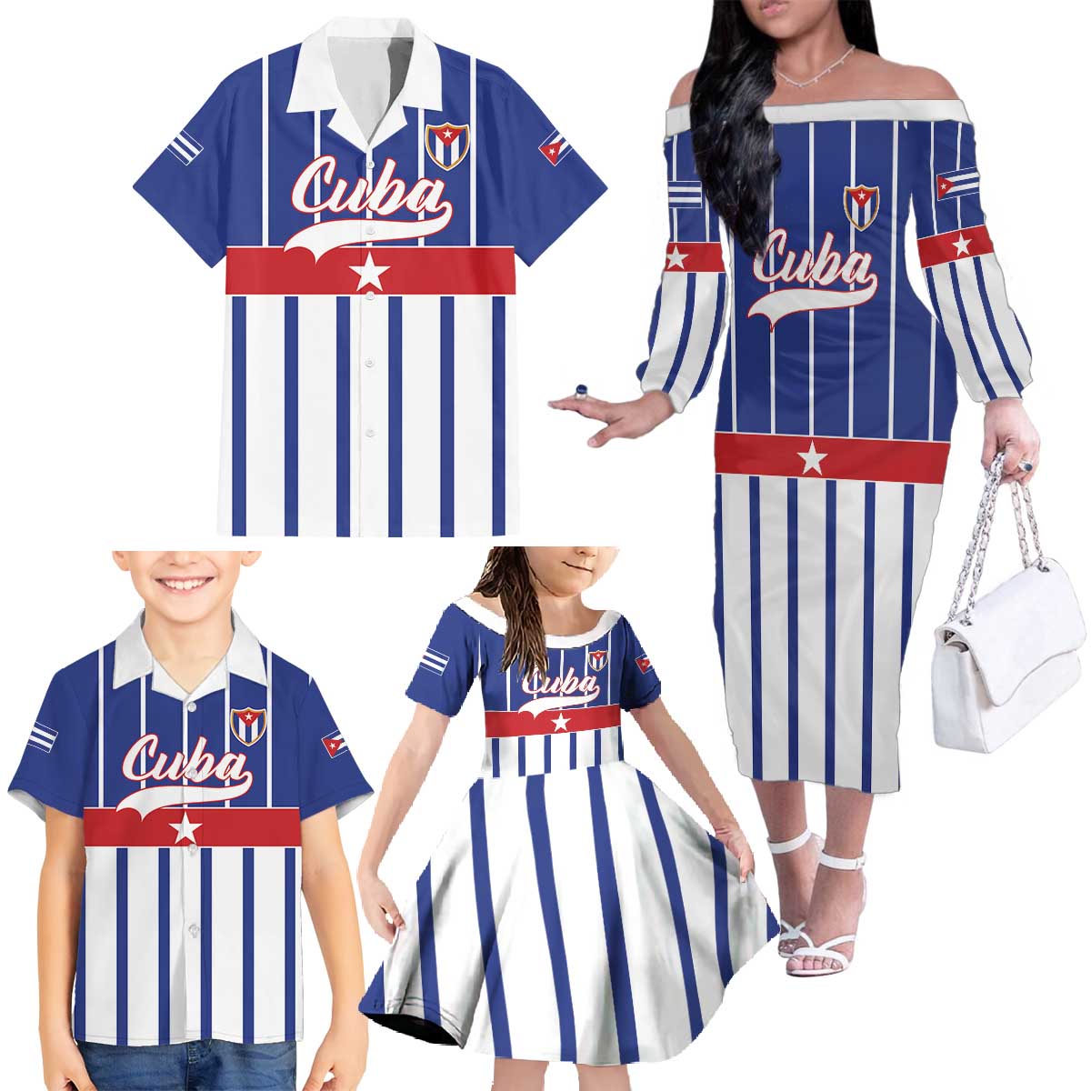 Personalized Cuba Family Matching Off The Shoulder Long Sleeve Dress and Hawaiian Shirt Simple Sporty Style - Wonder Print Shop