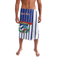 Personalized blue striped sport lavalava skirt with crest and 'Your Text'