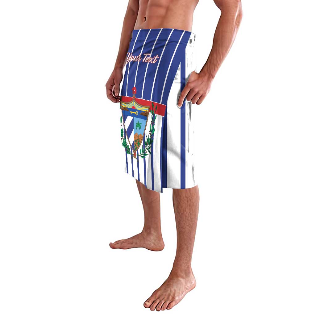 Personalized blue striped sport lavalava skirt with 'Your Text' and crest
