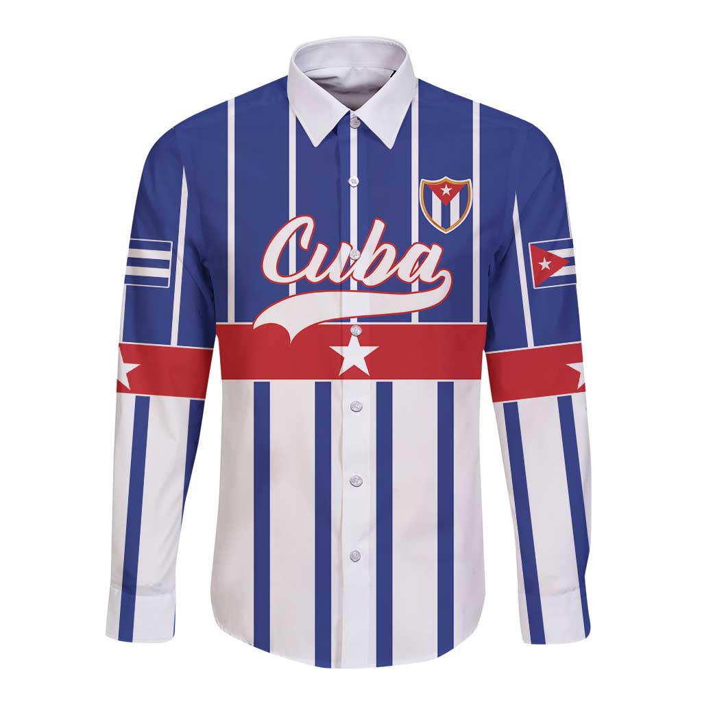 Long-sleeve button-up shirt, blue-and-white vertical stripes, Cuba logo on front.