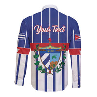 Long-sleeve button-up shirt, blue-and-white stripes, 'Your Text' and crest on back.