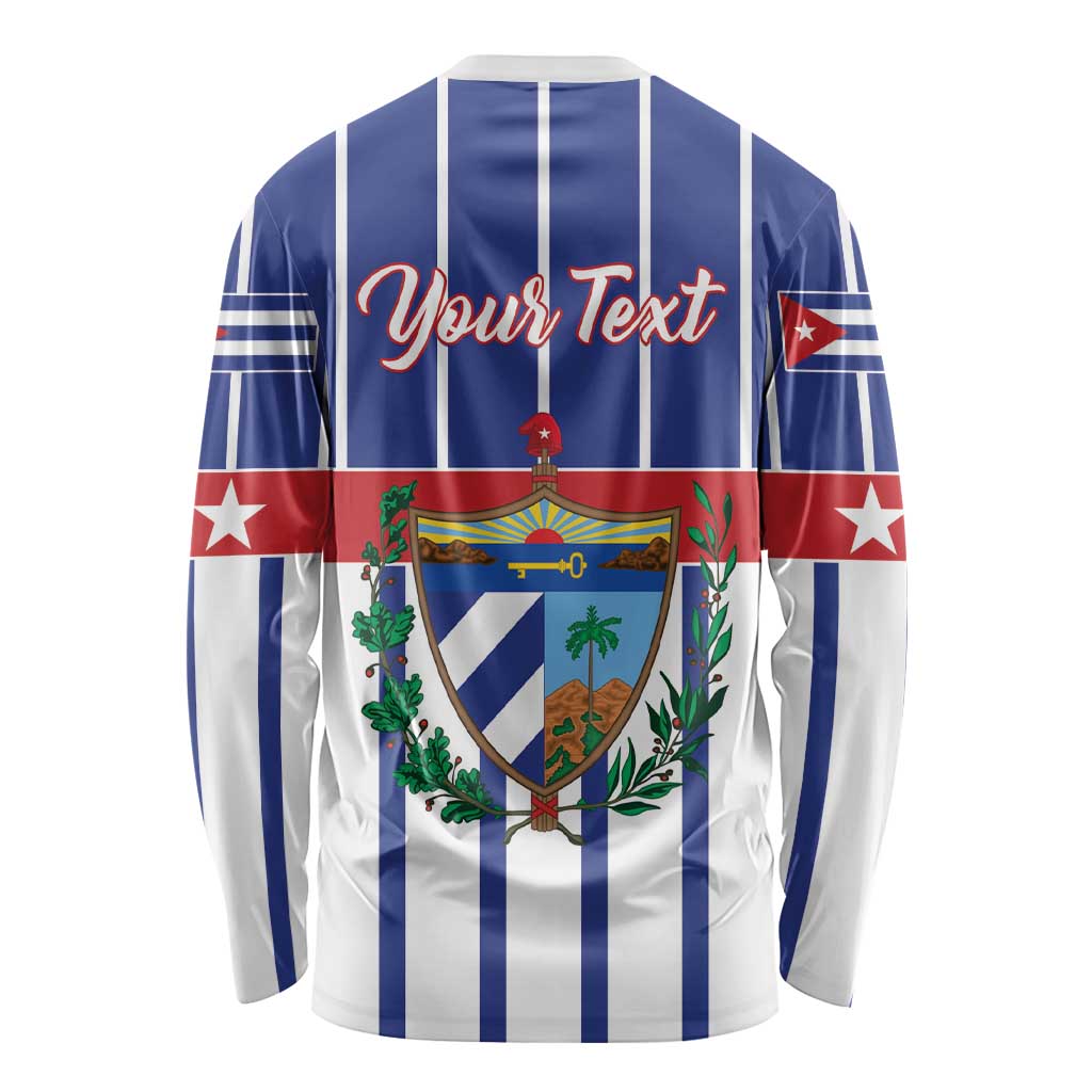 Unisex long-sleeve shirt, blue/white vertical stripes with red band and back crest graphic