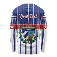 Unisex long-sleeve shirt, blue/white vertical stripes with red band and back crest graphic