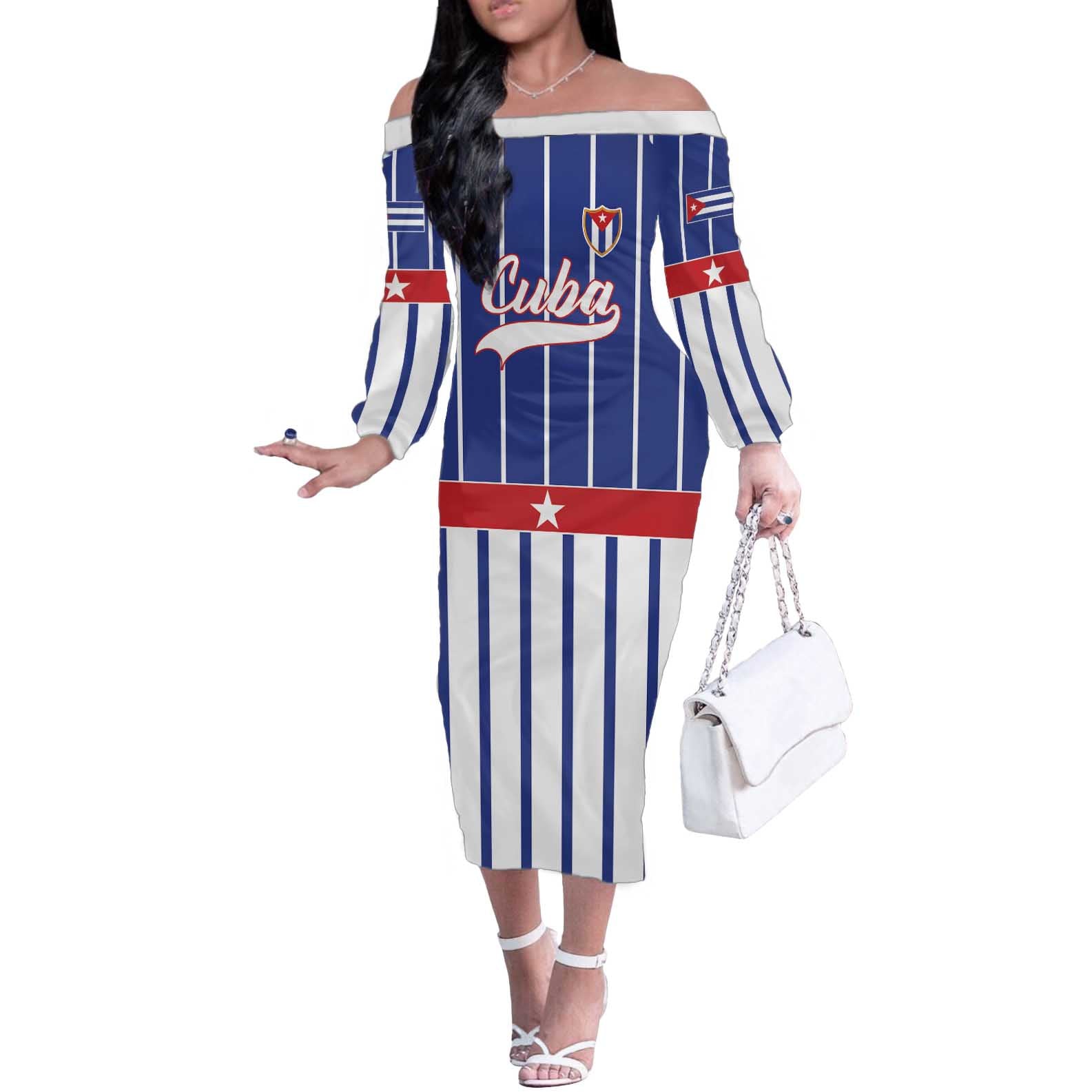 Personalized Cuba Off The Shoulder Long Sleeve Dress Simple Sporty Style - Wonder Print Shop