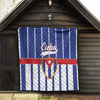 Cuba quilt blanket with blue and white vertical stripes, red band, Cuban crest, quilted texture