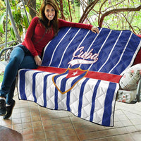 Cuba quilt blanket with blue-and-white stripes and red center band, Cuban emblem, quilted