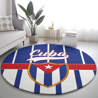 Blue round rug with large Cuba wordmark and shield crest on red, white, and blue stripes