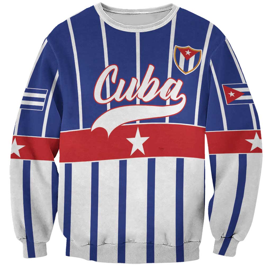 Blue and white striped sweatshirt with Cuba logo, stars, and red banner