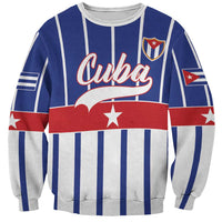 Blue and white striped sweatshirt with Cuba logo, stars, and red banner