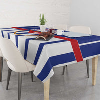 Blue and white striped tablecloth with a red stripe detail on a dining table