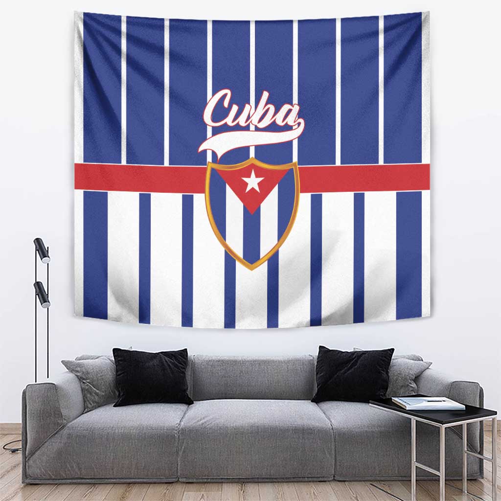 Hanging blue-and-white striped Cuba emblem tapestry with red band and shield
