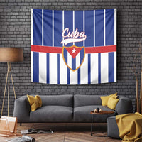 Blue-and-white striped Cuba-themed tapestry with red horizontal band and shield crest