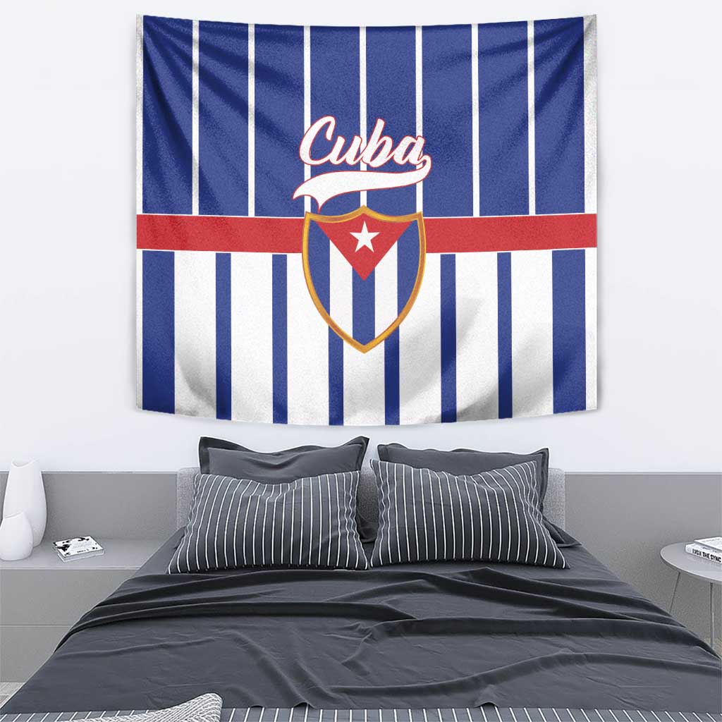 Blue-and-white striped Cuba emblem tapestry with red band and shield graphic center