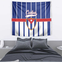 Blue-and-white striped Cuba emblem tapestry with red band and shield graphic center