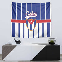Blue-and-white striped tapestry with Cuba emblem, red band, and shield graphic