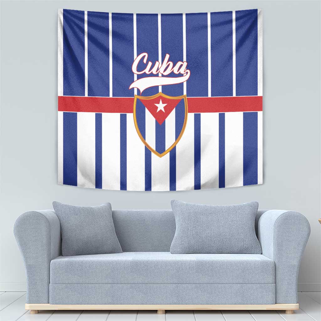 Blue-and-white striped Cuba emblem wall tapestry with red band and crest shield