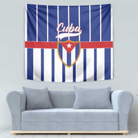 Blue-and-white striped Cuba emblem wall tapestry with red band and crest shield