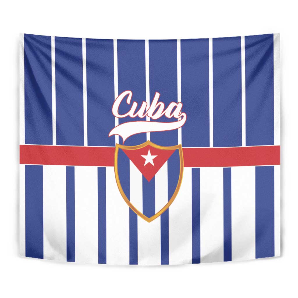 Blue striped tapestry featuring Cuba text, red band, and golden-edged crest