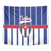 Blue striped tapestry featuring Cuba text, red band, and golden-edged crest