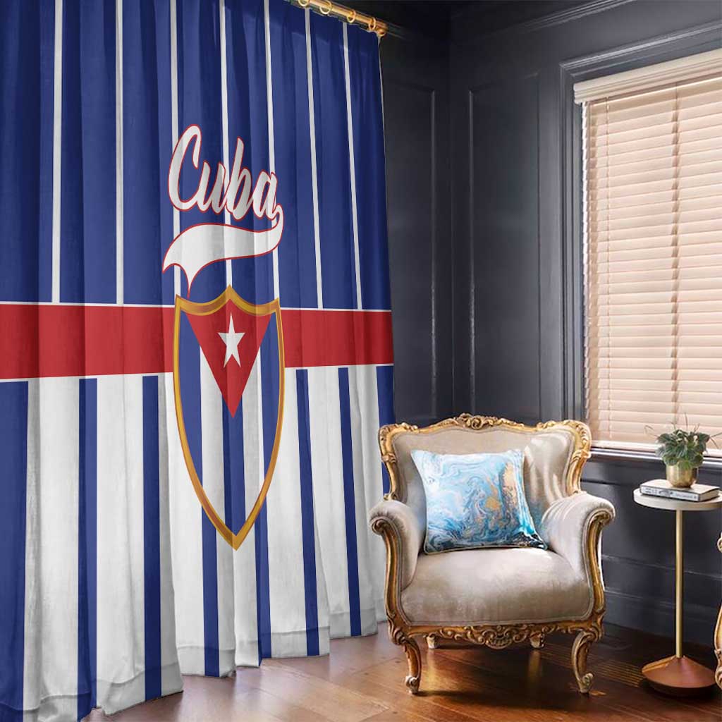Blue-and-white striped window curtain panel with Cuba shield print